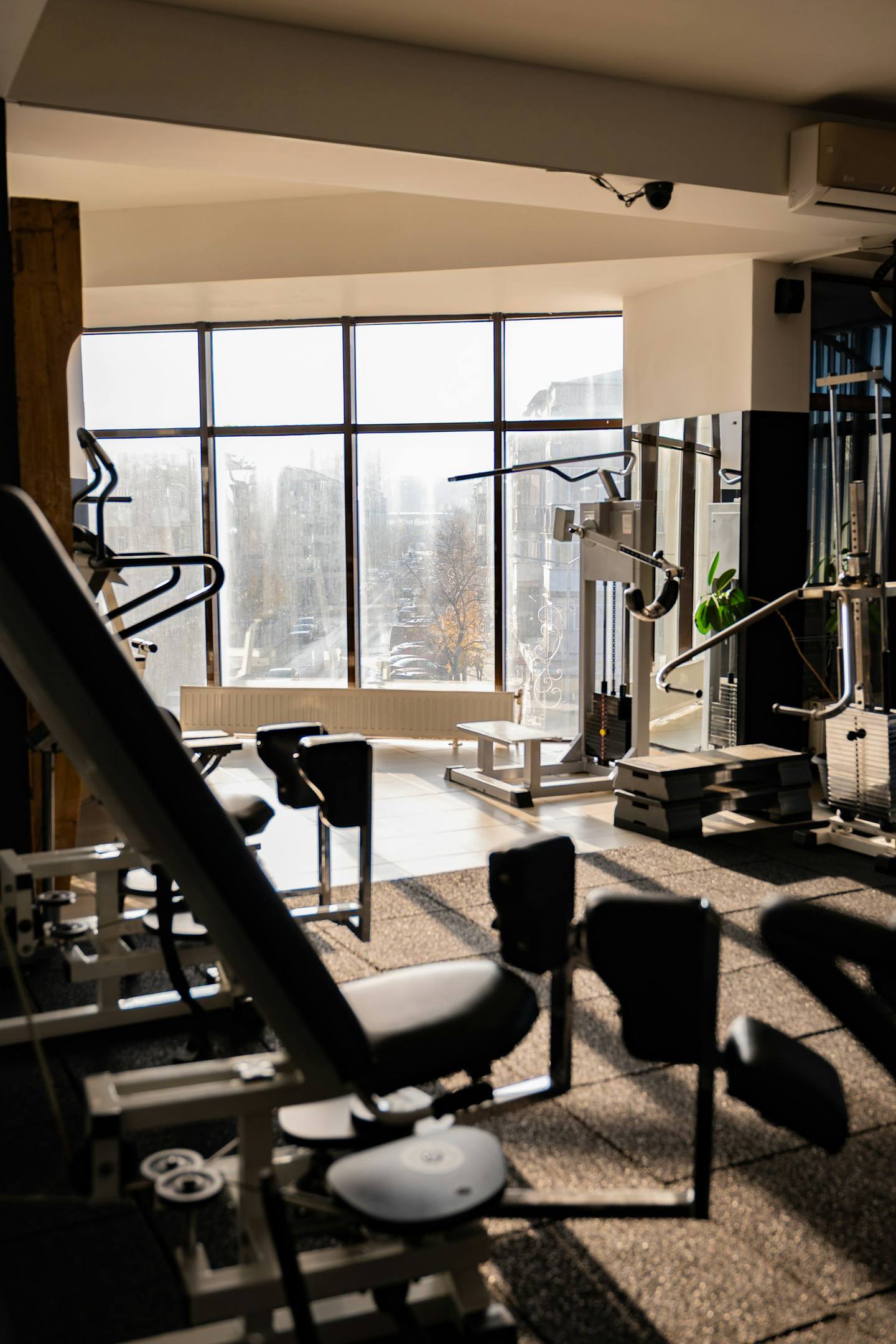 A sunlit gym with machines by large windows
