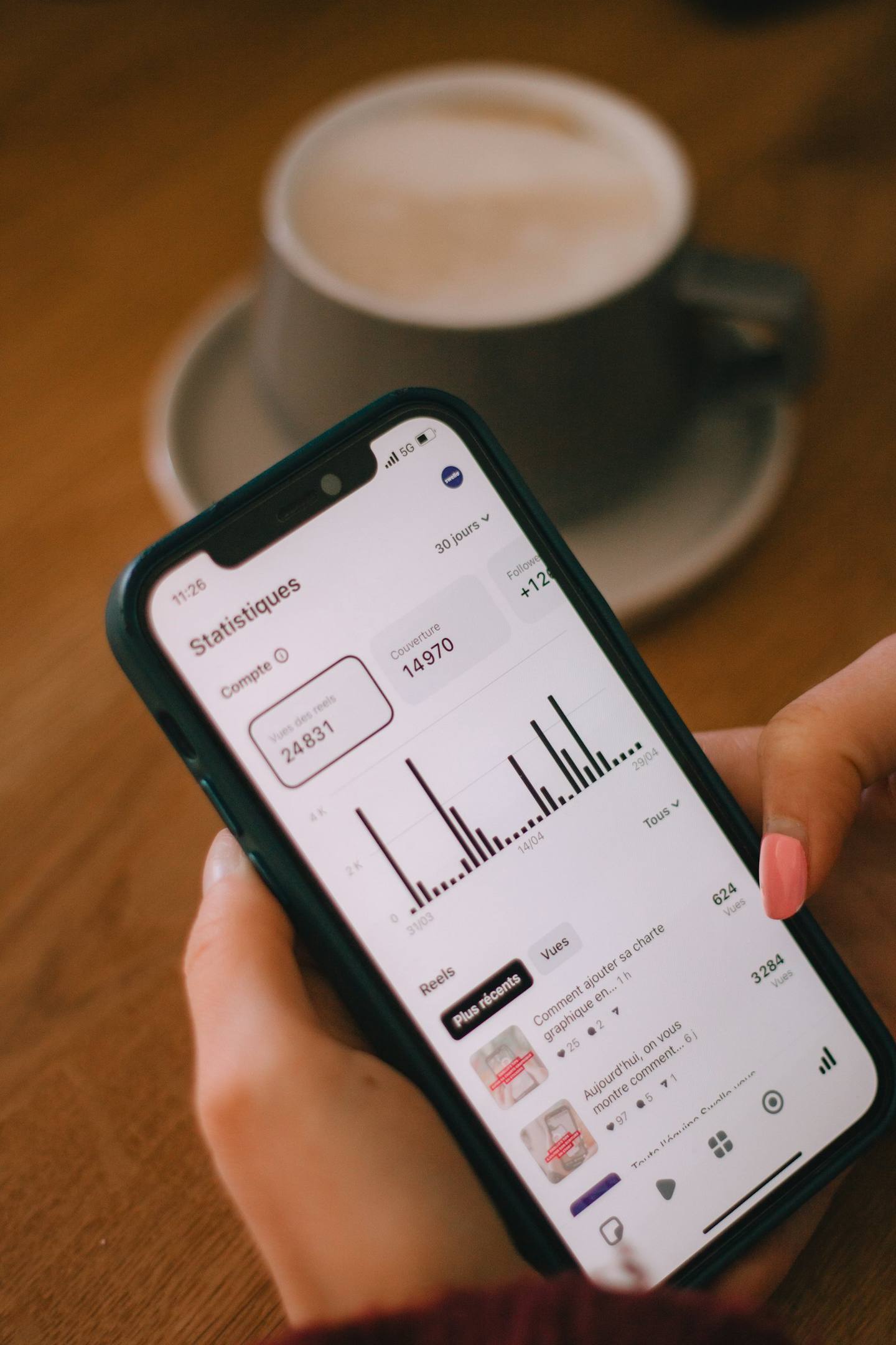 A phone showing account statistics next to a coffee