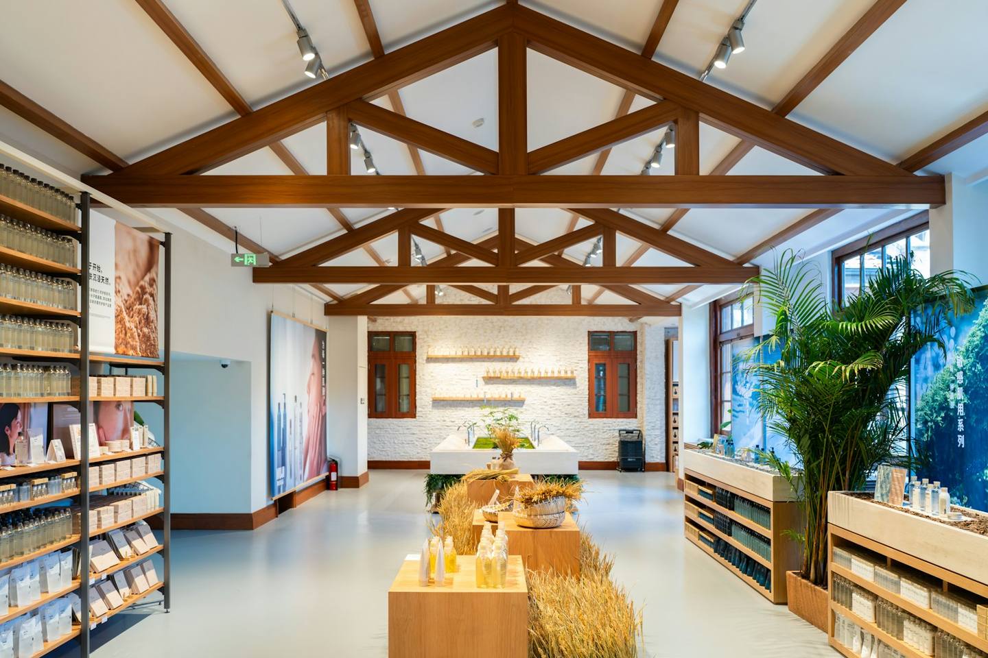 A bright, airy shop with timber beams and plants