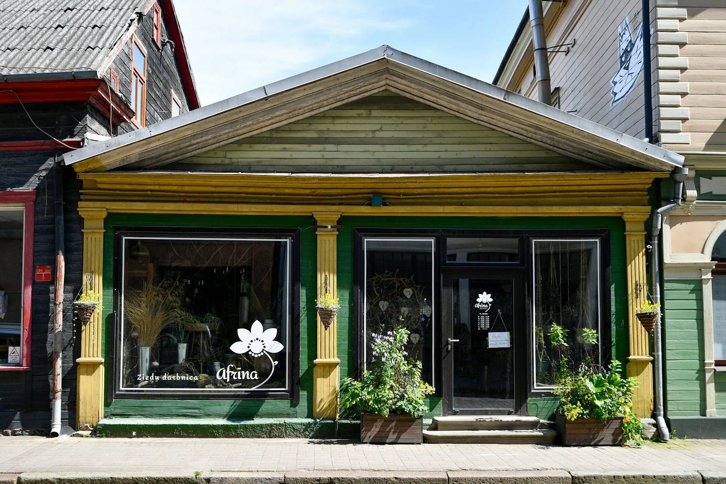 A green and yellow shopfront with plants by the door